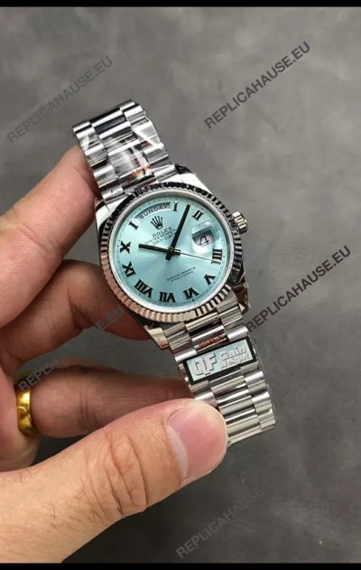 Rolex Day Date Super Clone Stainless Steel Ice Blue Dial Roman Numerals Watch 36MM - 1:1 Mirror Quality