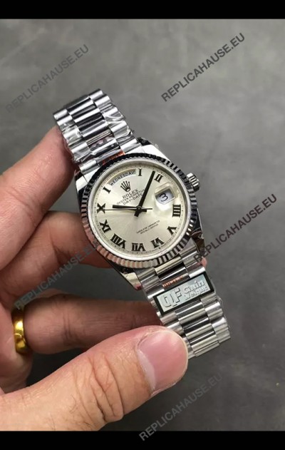 Rolex Day Date Super Clone Stainless Steel Silver Dial Roman Numerals Watch 36MM - 1:1 Mirror Quality