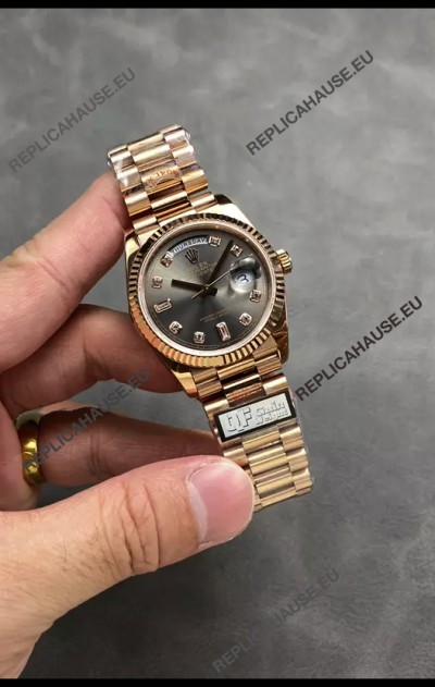 Rolex Day Date Super Clone Rose Gold Grey Dial Diamonds Numerals Watch 36MM - 1:1 Mirror Quality