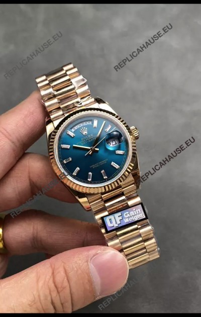 Rolex Day Date Super Clone Rose Gold Blue Dial Crystal Numerals Watch 36MM - 1:1 Mirror Quality