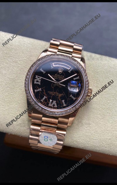 Rolex Day Date Super Clone Rose Gold Eisenkiesel Dial Diamonds Numerals Watch 36MM - 1:1 Mirror Quality