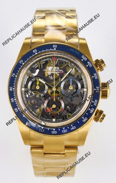 Rolex Daytona Super Clone Artisans De Geneve Yellow Gold Watch Blue Bezel Skeleton Watch 