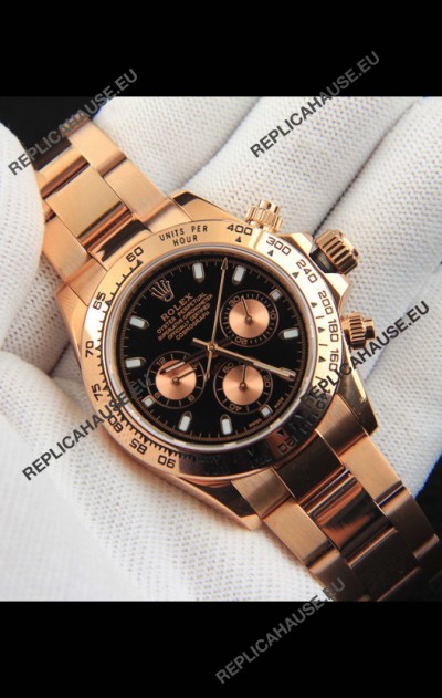 Rolex Daytona Japanese Movement Gold Casing Replica Watch in Black Dial