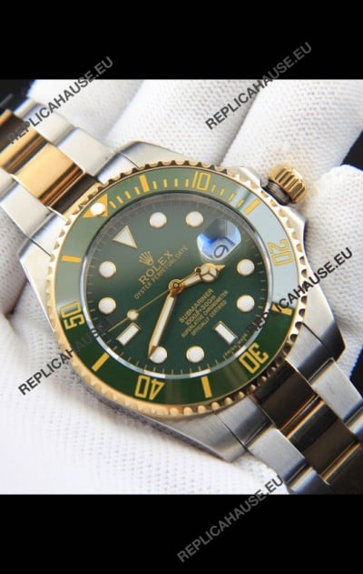 Rolex Submariner Japanese Replica Watch in 2 Tone Yellow Gold Casing Green Dial 
