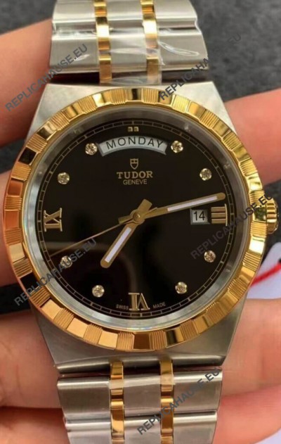 Tudor Royal Edition Watch - 1:1 Mirror Replica in Two Tone Casing - Black Diamonds Dial