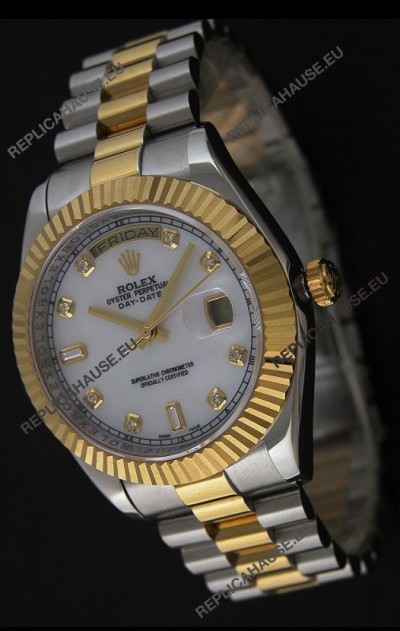 Rolex Day Date Just JapaneseÂ Replica Two Tone Gold Watch in Mop White Dial