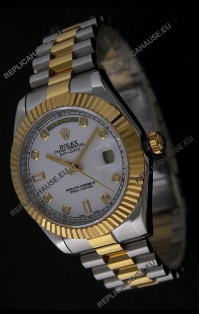 Rolex Day Date Just JapaneseÂ Replica Two Tone Gold Watch in White Dial
