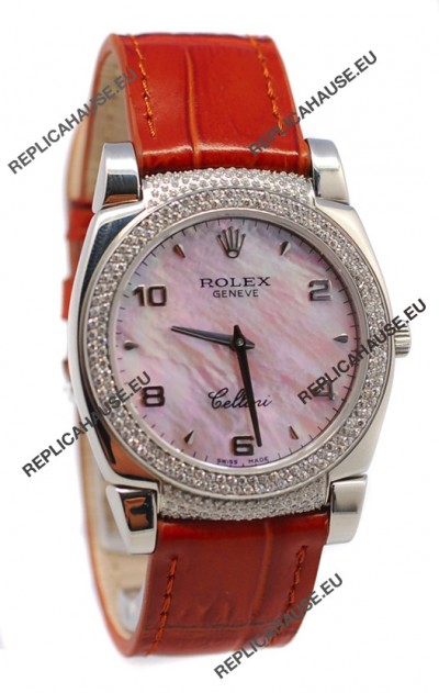 Rolex Cellini Cestello Ladies Swiss Watch Pink Pearl Face Diamonds Bezel and Lugs