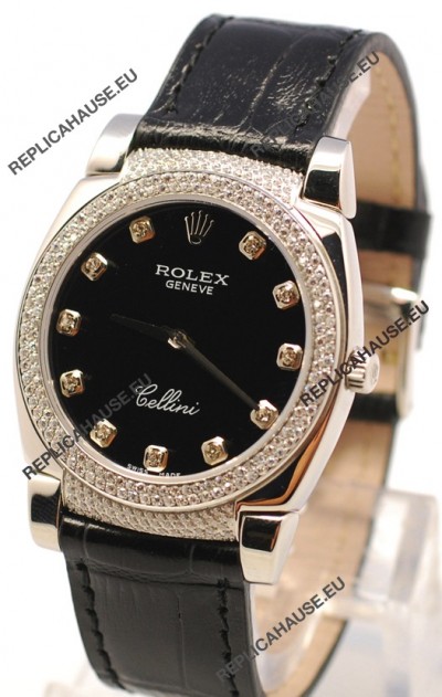 Rolex Cellini Cestello Ladies Swiss Watch in Matte Black Face Diamond Markers