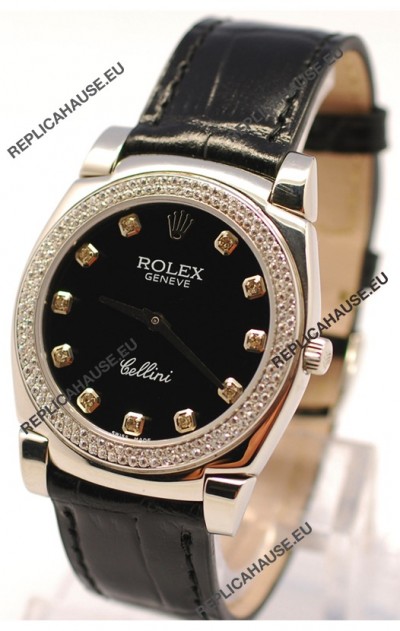 Rolex Cellini Cestello Ladies Swiss Watch in Black Face and Diamond Markers