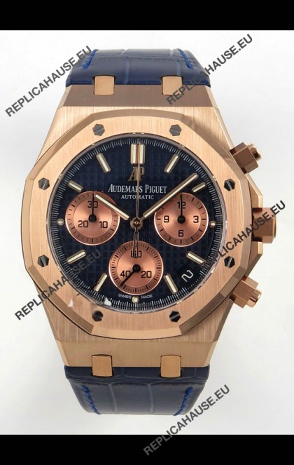 Royal Oak Chrono 26240 Rose Gold Blue Dial Leather Strap Super Clone Watch 