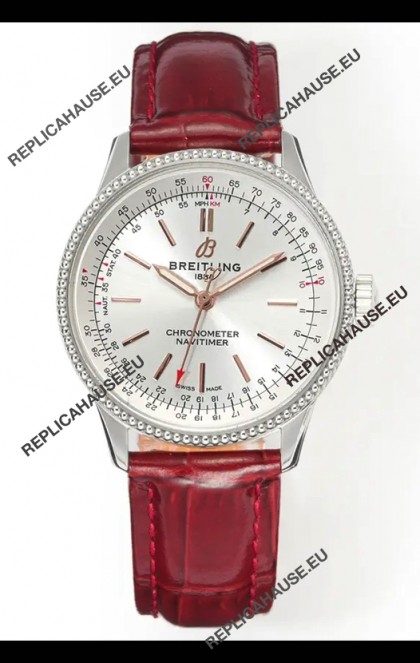 Navitimer Automatic 36 Steel Dial Red Strap Super Clone Watch 