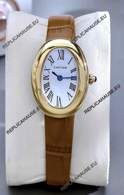 Cartier Baignoire Yellow Gold 23MM Super Clone Watch Brown Strap