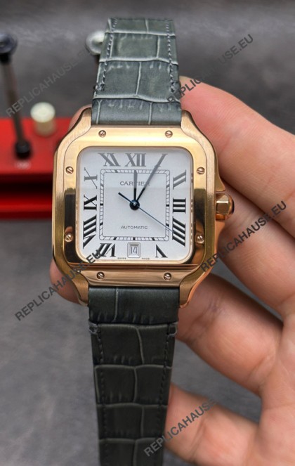Cartier Santos De Cartier Rose Gold Grey Leather Strap Super Clone Watch 