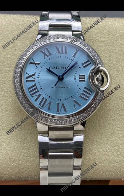 Ballon De Cartier Automatic Ice Blue Diamonds 36MM Dial Super Clone Watch 