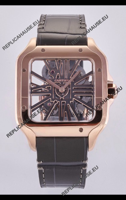 Santos De Cartier Super Clone Watch in Skeleton Dial Rose Gold Case