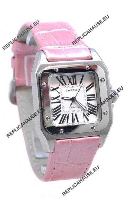 Cartier Santos 100 Japanese Ladies Replica Watch in Pink Leather Strap