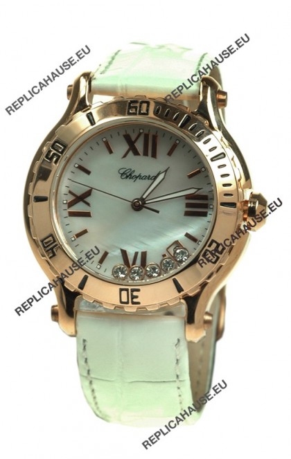 Chopard Happy Sport Diamonds Edition Replica Gold Watch in White Strap