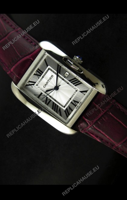 Cartier Tank Ladies Replica Watch in Steel Case/Maroon Strap