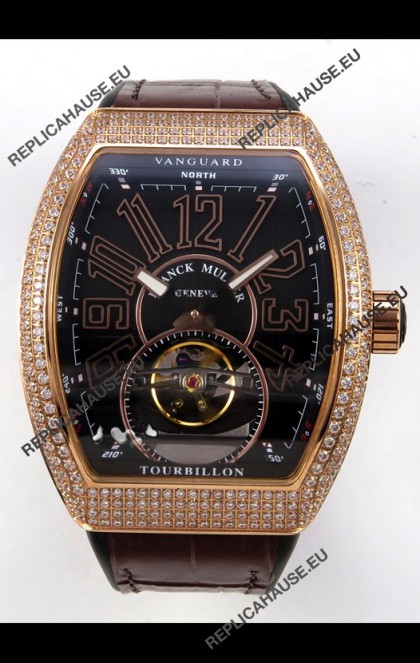 Franck Muller V45 Tourbillon Rose Gold Diamonds Brown Strap Super Clone Watch 