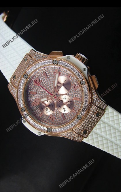 Hublot Big Bang Rose Gold Watch Quartz Movement in White Strap
