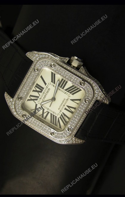 Cartier Santos 100 1:1 Mirror Replica Steel Diamonds Watch Mens Size 42MM