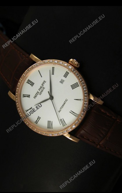 Patek Philippe Calatrava 5120 Swiss Replica Watch in Pink Gold Casing - Roman Hours