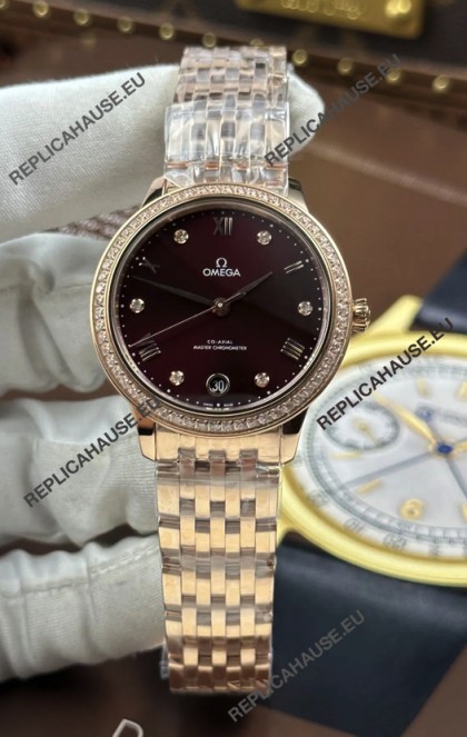 Omega De Ville Automatic 34MM Burgundy Dial Rose Gold Case Super Clone Watch 