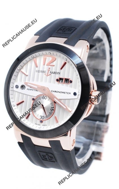 Ulysse Nardin Executive Dual Time Japanese Replica Rose Gold Watch in Black Bezel