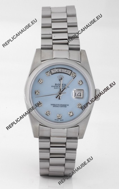 Rolex Day Date Silver Japanese Replica Watch in Mother Of Pearl Blue Dial