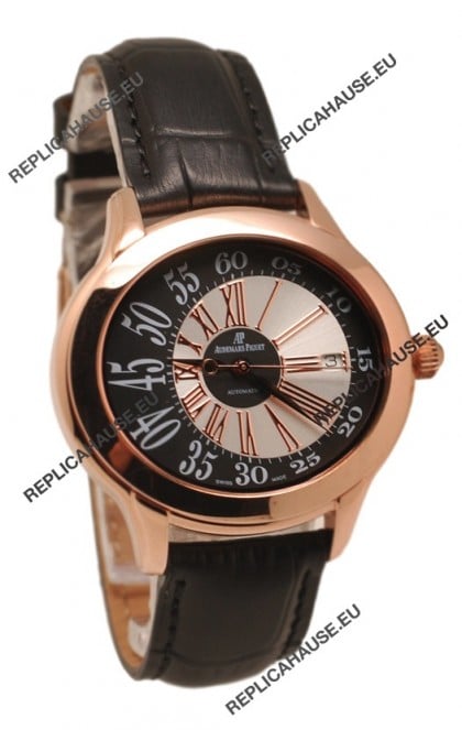 Audemars Piguet Millenary Hour and MinuteÂ Swiss Replica Rose Gold Watch in Black Strap