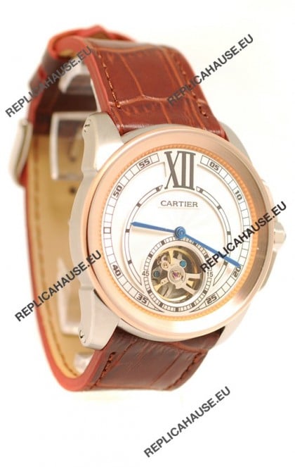 Calibre de Cartier Flying Tourbillon Japanese Replica Rose Gold Watch 