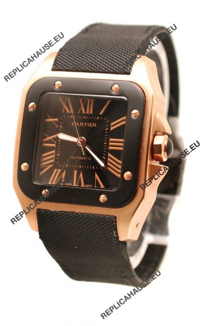 Cartier Santos 100 Swiss Replica Pink Gold Watch in Black Dial