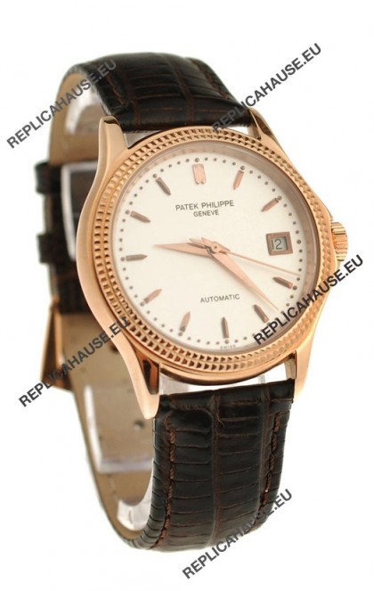 Patek Philippe Geneve Replica Pink Gold Watch in White Dial 