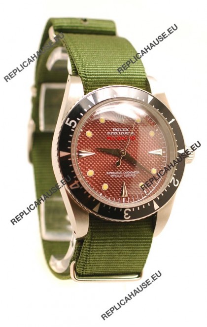 Rolex Submariner Swiss Watch in Green Nylon Strap Red Dial