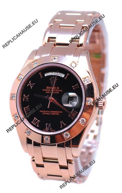 Rolex Day Date Rose Gold Japanese Replica Watch in Black Dial