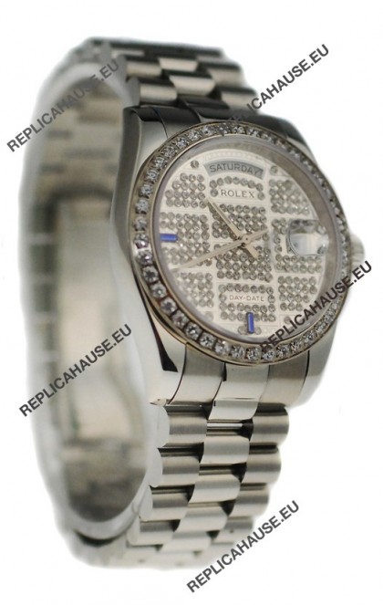 Rolex Day Date Silver Japanese Mens Watch in Diamond Dial