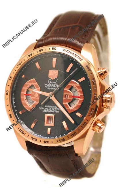 Tag Heuer Grand Carrera Japanese Replica Gold Watch in Black Dial