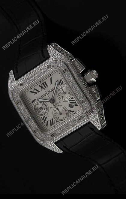 Cartier Santos Swiss Replica Watch with Diamonds Embedded Casing