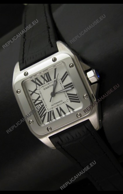 Cartier Santos in Swiss Replica Automatic Watch in Black Strap
