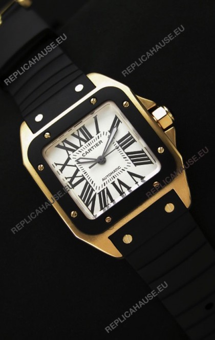 Cartier Santos 100 Swiss Replica Watch in Black Bezel