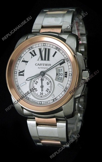 Cartier Calibre de Japanese Replica Rose Gold Watch in White Dial
