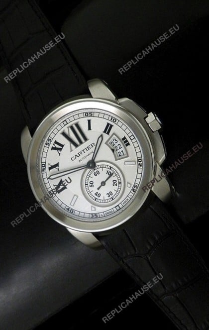 Cartier Calibre de Japanese Replica Steel Watch in Black Leather Strap