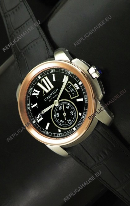 Cartier Calibre de Japanese Replica Rose Gold Watch in Leather Strap