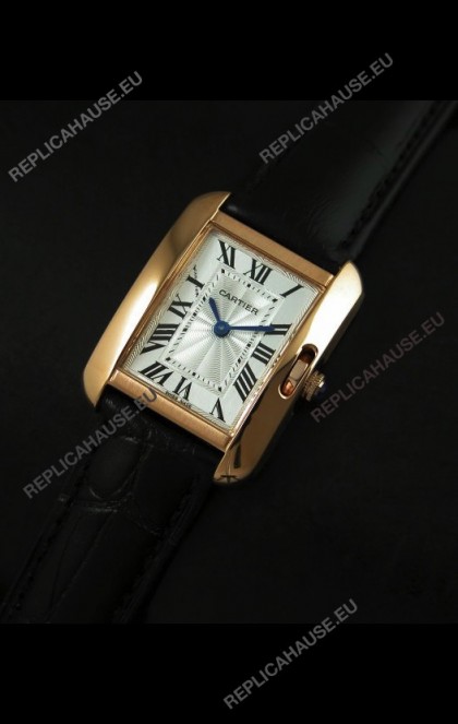 Cartier Louis Japanese Replica Ladies Rose Gold Watch in Black Strap
