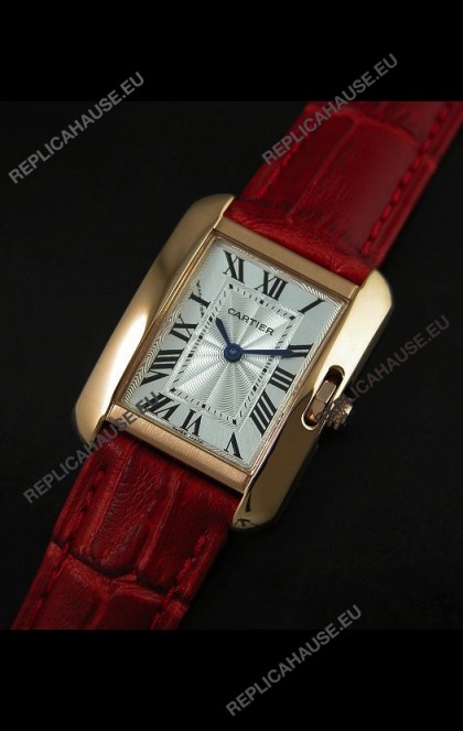 Cartier Louis Japanese Replica Ladies Rose Gold Watch in Red Strap