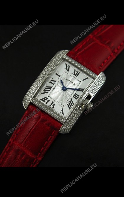 Cartier Louis Japanese Replica Ladies Diamond Watch in Red Strap