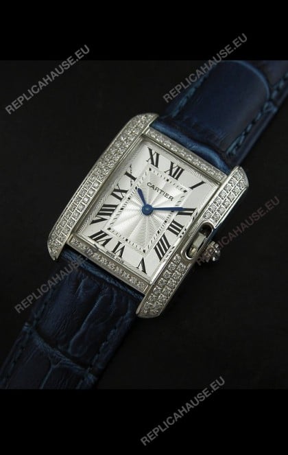 Cartier Louis Japanese Replica Ladies Diamond Watch in Blue Strap