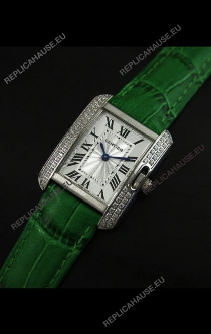 Cartier Louis Japanese Replica Ladies Diamond Watch in Green Strap