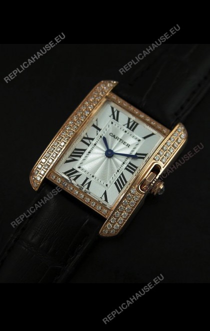 Cartier Louis Japanese Replica Ladies Rose Gold Diamond Watch in Black Strap
